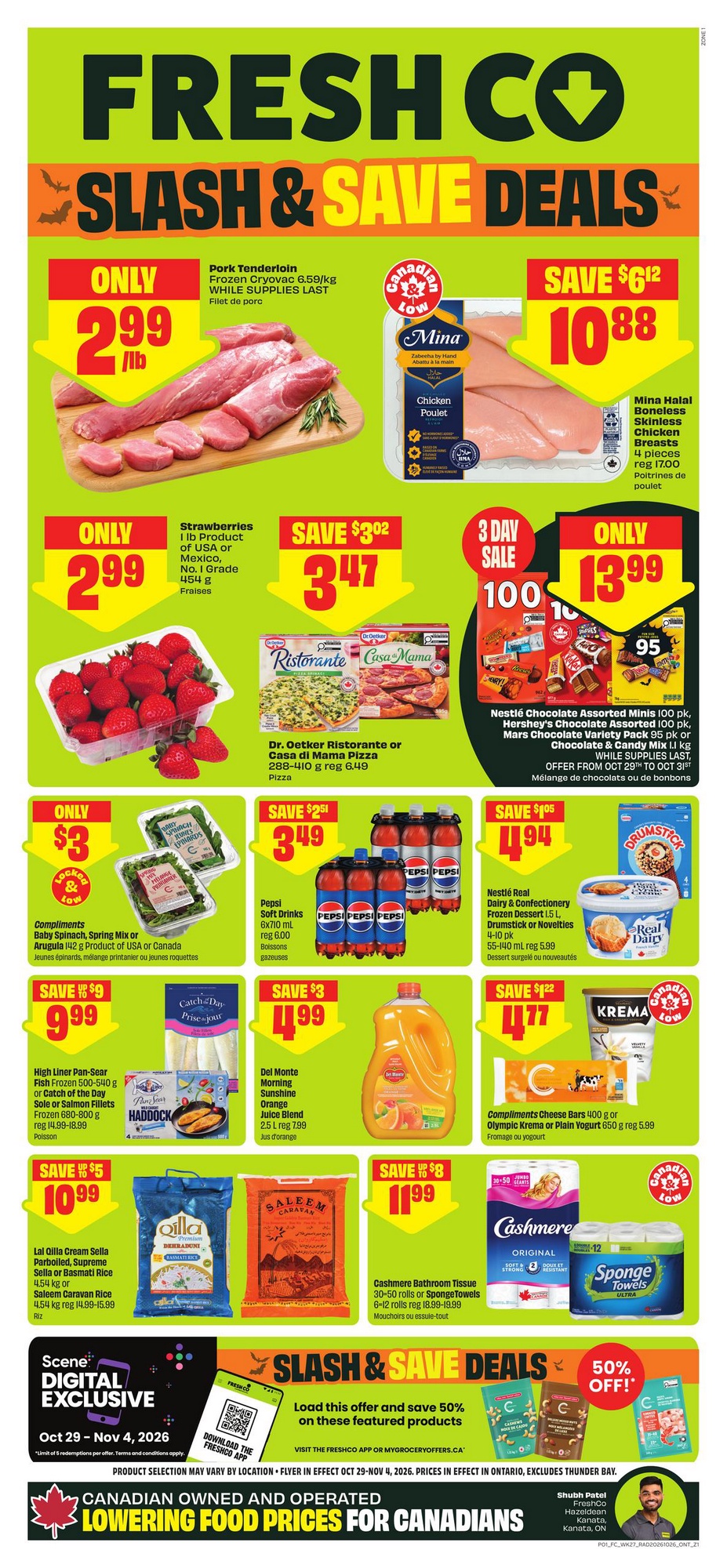 FreshCo Ontario weekly flyer, 2026-10-29 to 2026-11-04: pizza, Pepsi, strawberries, Nestle minis and frozen dessert