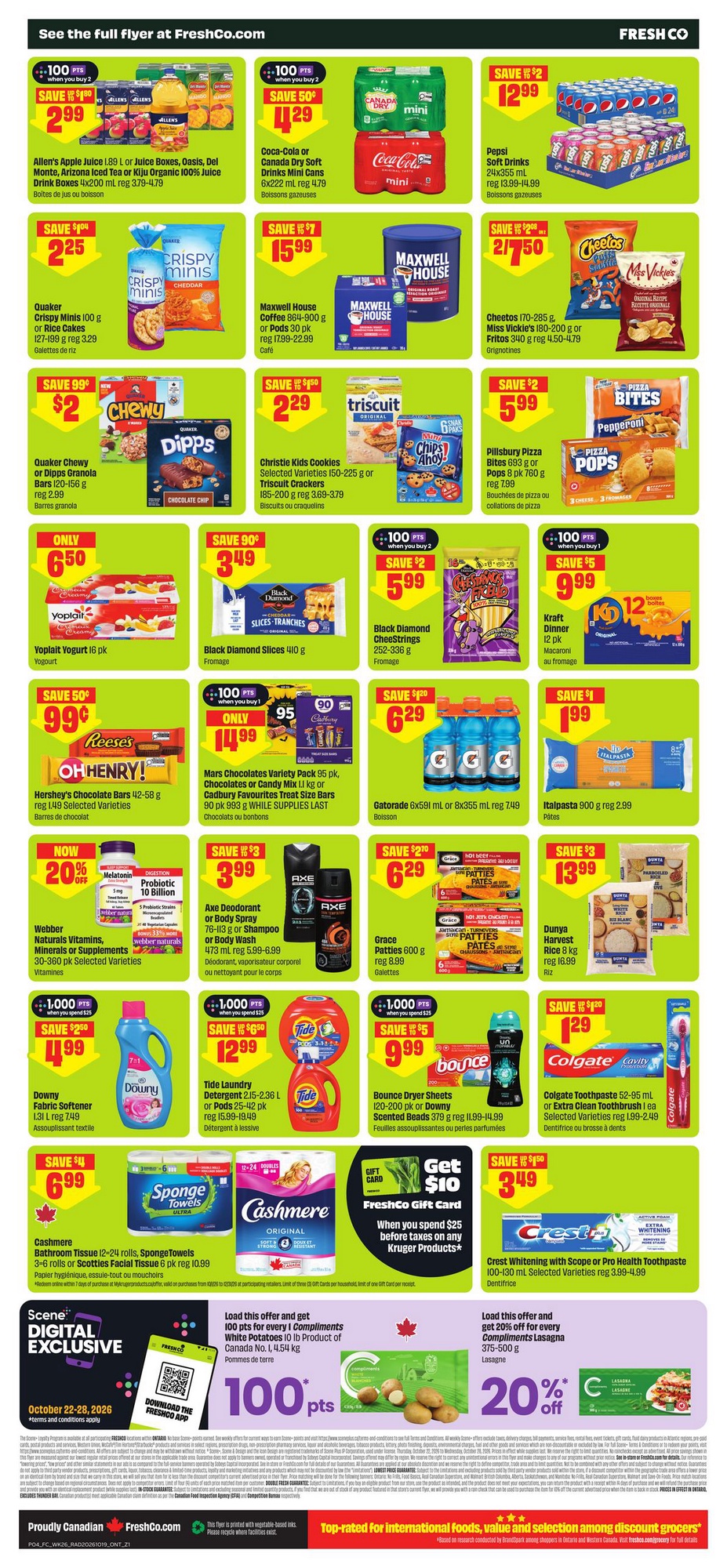 FreshCo Ontario flyer October 22–28, 2026: chocolate pack, granola bars, Crispy Minis, crackers and Pizza Pops prices