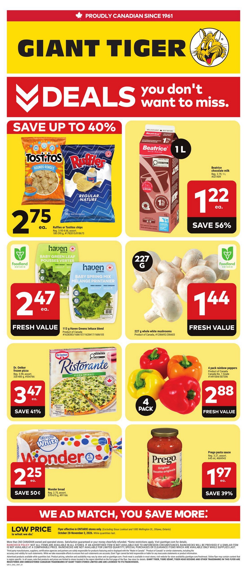 Giant Tiger Ontario weekly flyer, 2026-10-28 to 2026-11-03: lettuce, mushrooms, peppers, pizza and chocolate milk