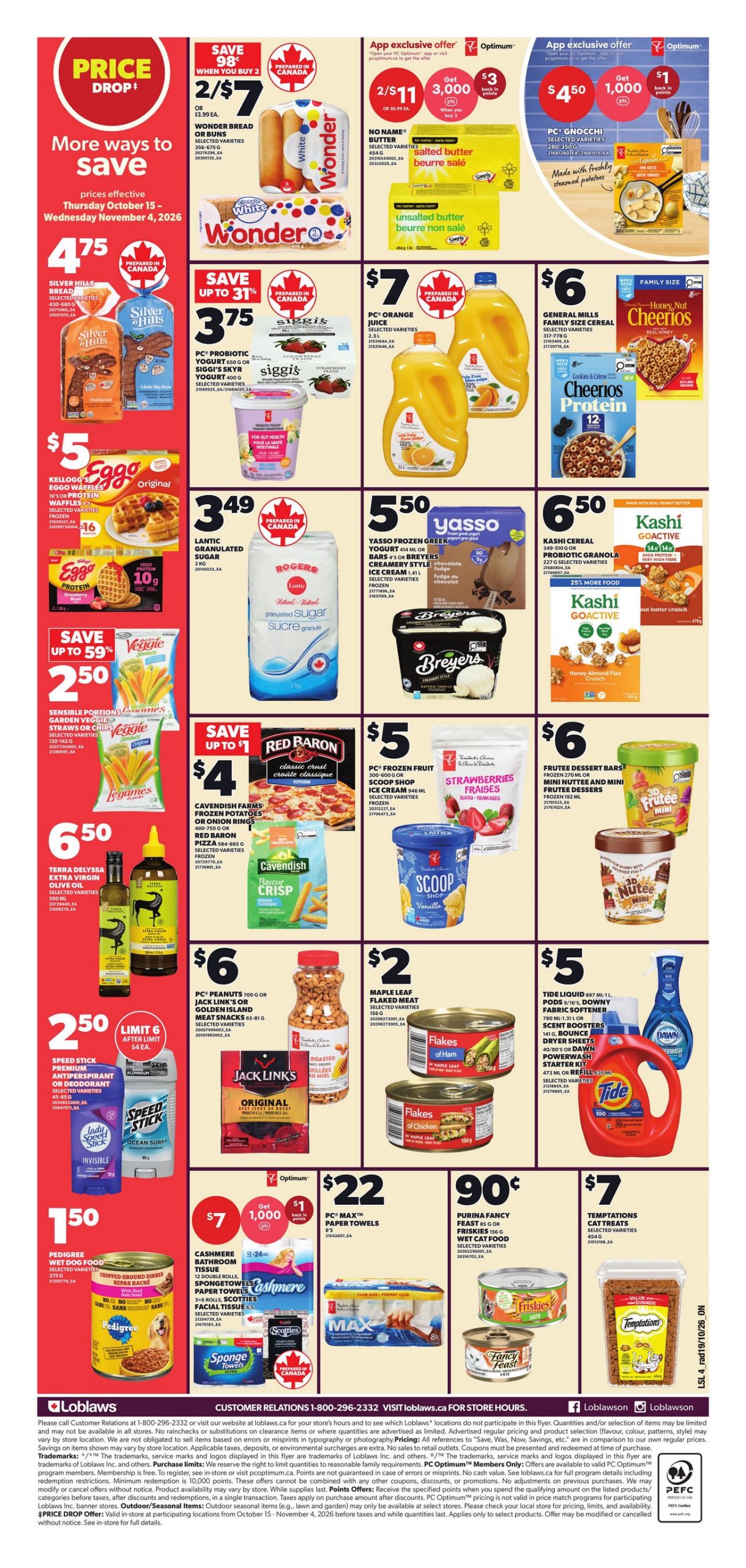 Loblaws Ontario flyer October 22–28, 2026: skyr yogurt, orange juice, cereal, sugar and flaked meat prices