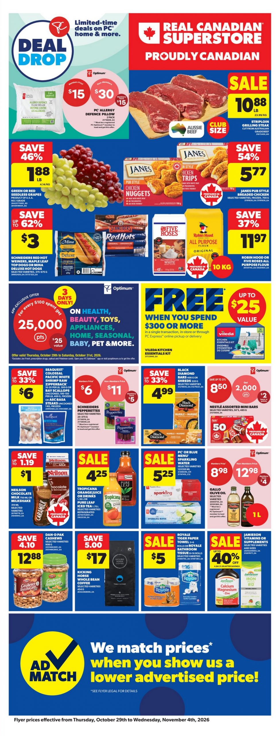 Real Canadian Superstore Ontario weekly flyer, 2026-10-29 to 2026-11-04: grapes, Janes chicken, cheese, Nestle mini bars and sparkling water