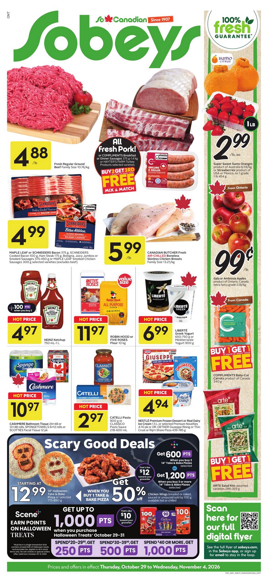 Sobeys Ontario weekly flyer October 29-November 4, 2026: ground beef, chicken, strawberries, apples and pasta