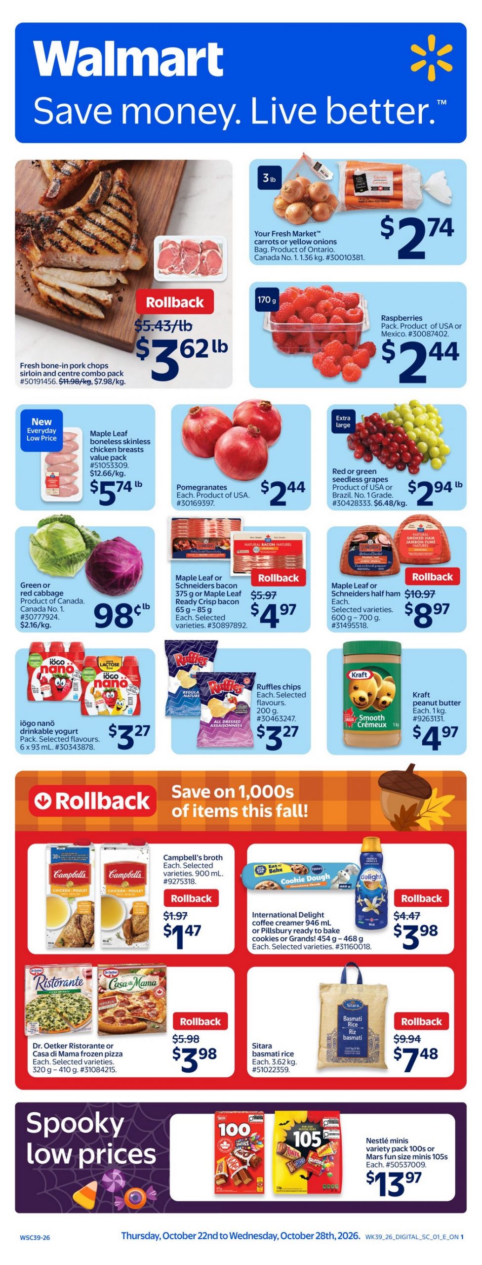 Walmart Ontario flyer October 22–28, 2026: carrots, raspberries, pork chops, frozen pizza and Mars mini treats